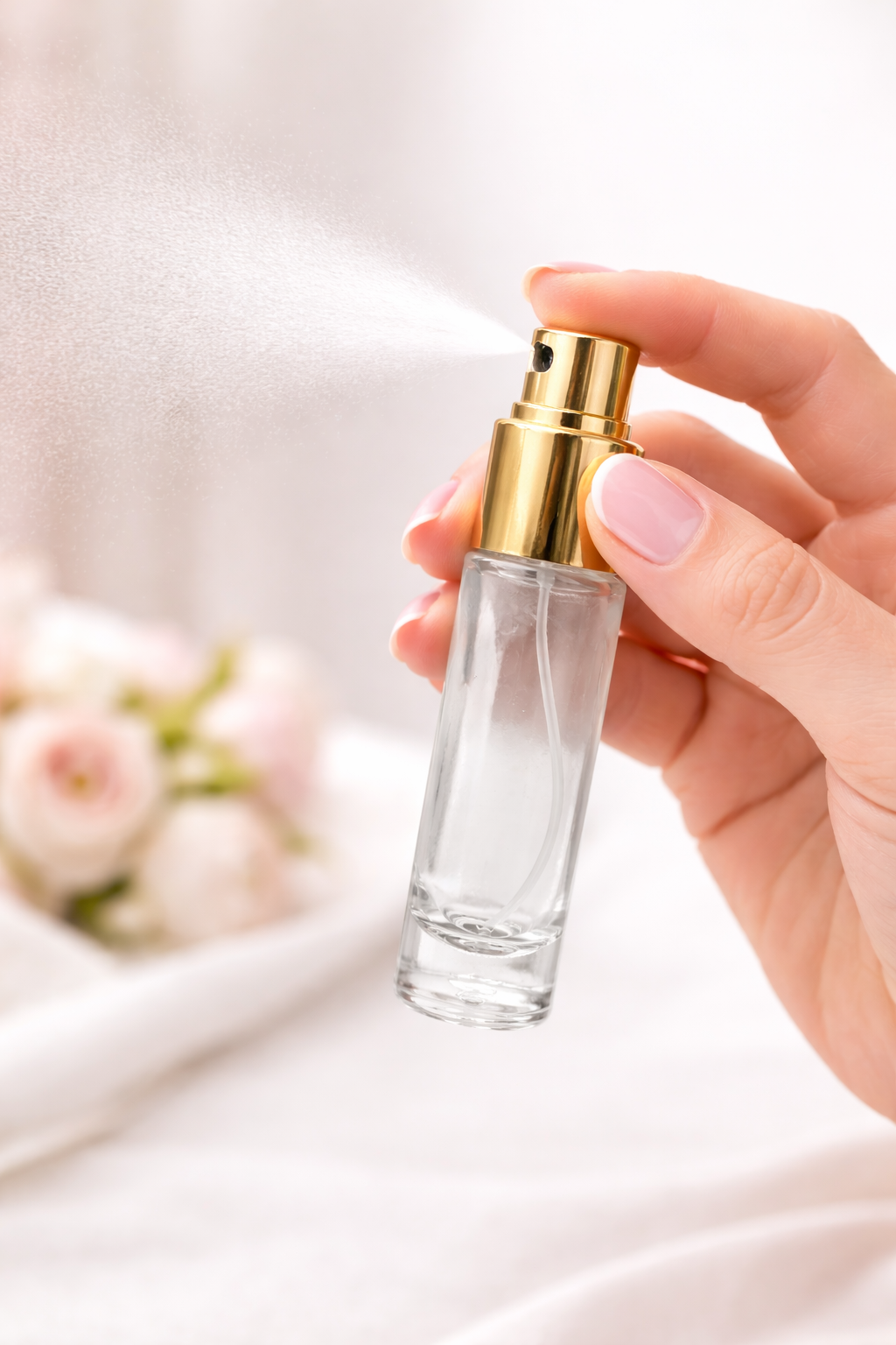 Flacone Spray in Vetro Trasparente con Tappo Dorato, 15 ml, bottiglina